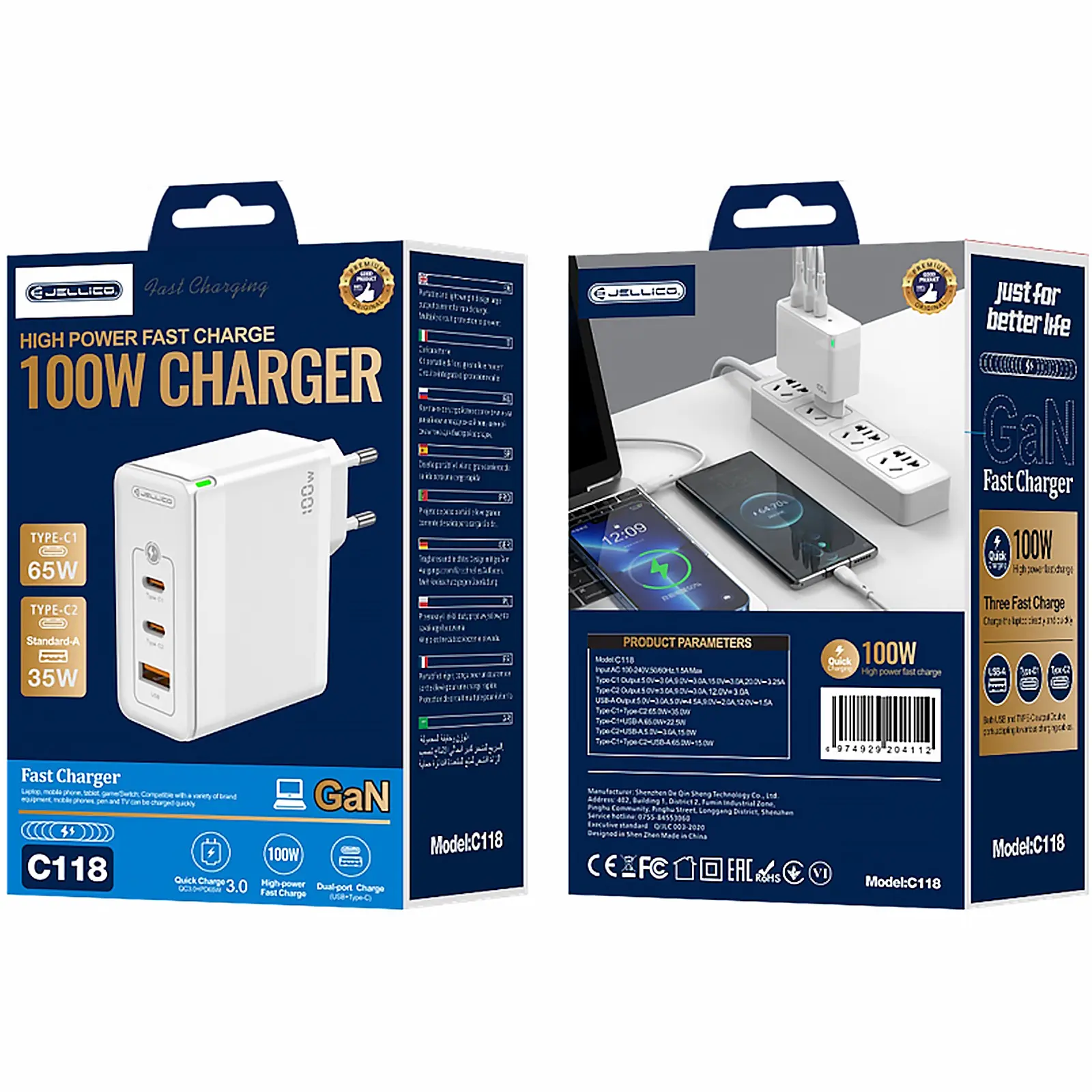 Ładowarka sieciowa Jellico C118 GaN PD100W (1USB-A/2C), White 4