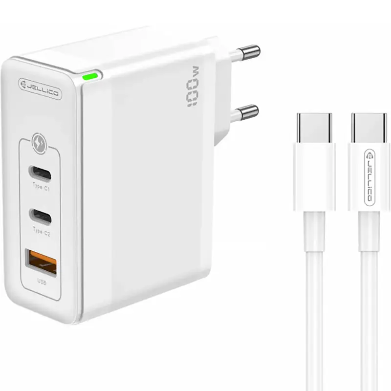 Ładowarka sieciowa Jellico C118 GaN PD100W (1USB-A/2C) + kabel Type-C to Type-C, White