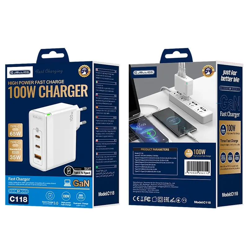 Ładowarka sieciowa Jellico C118 GaN PD100W (1USB-A/2C) + kabel Type-C to Type-C, White 5