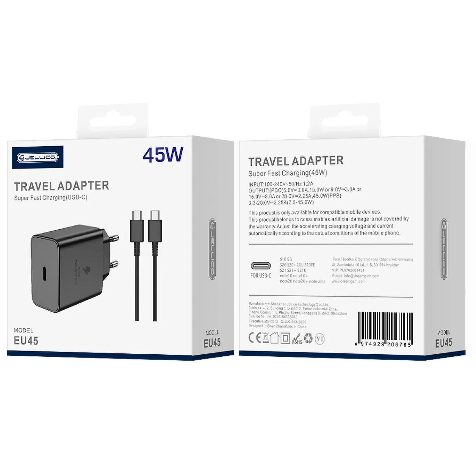 Charger Jellico EU45 GaN PD45W (1USB-C) + cable Type-C to Type-C, Black 3