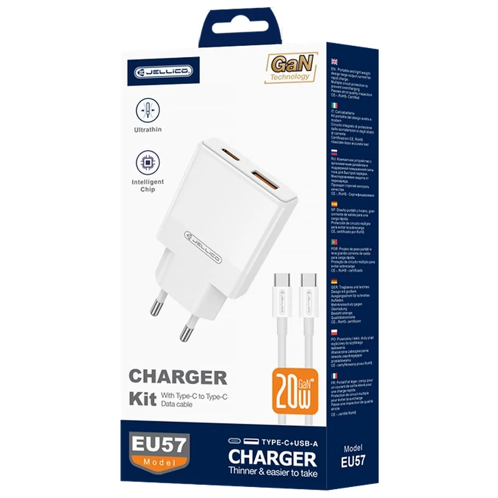 Charger Jellico EU57 PD20W+QC3.0 (1USB-A/1C) + cable Type-C to Type-C, White 3