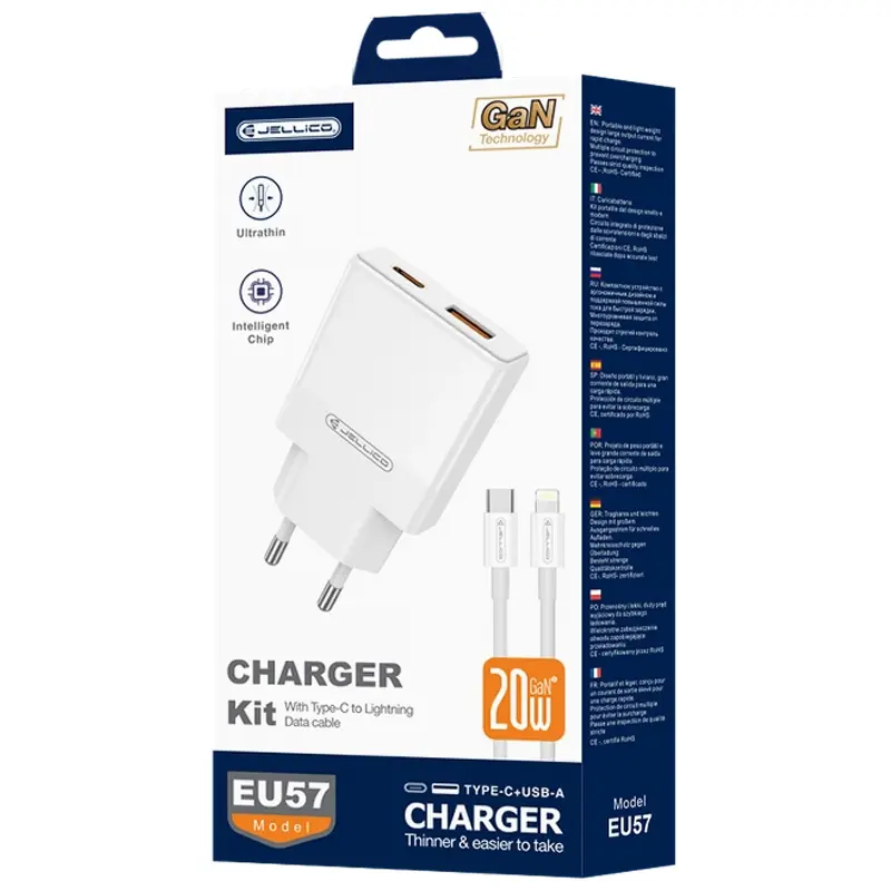 Charger Jellico EU57 PD20W+QC3.0 (1USB-A/1C) + cable Type-C to Lightning, White 1