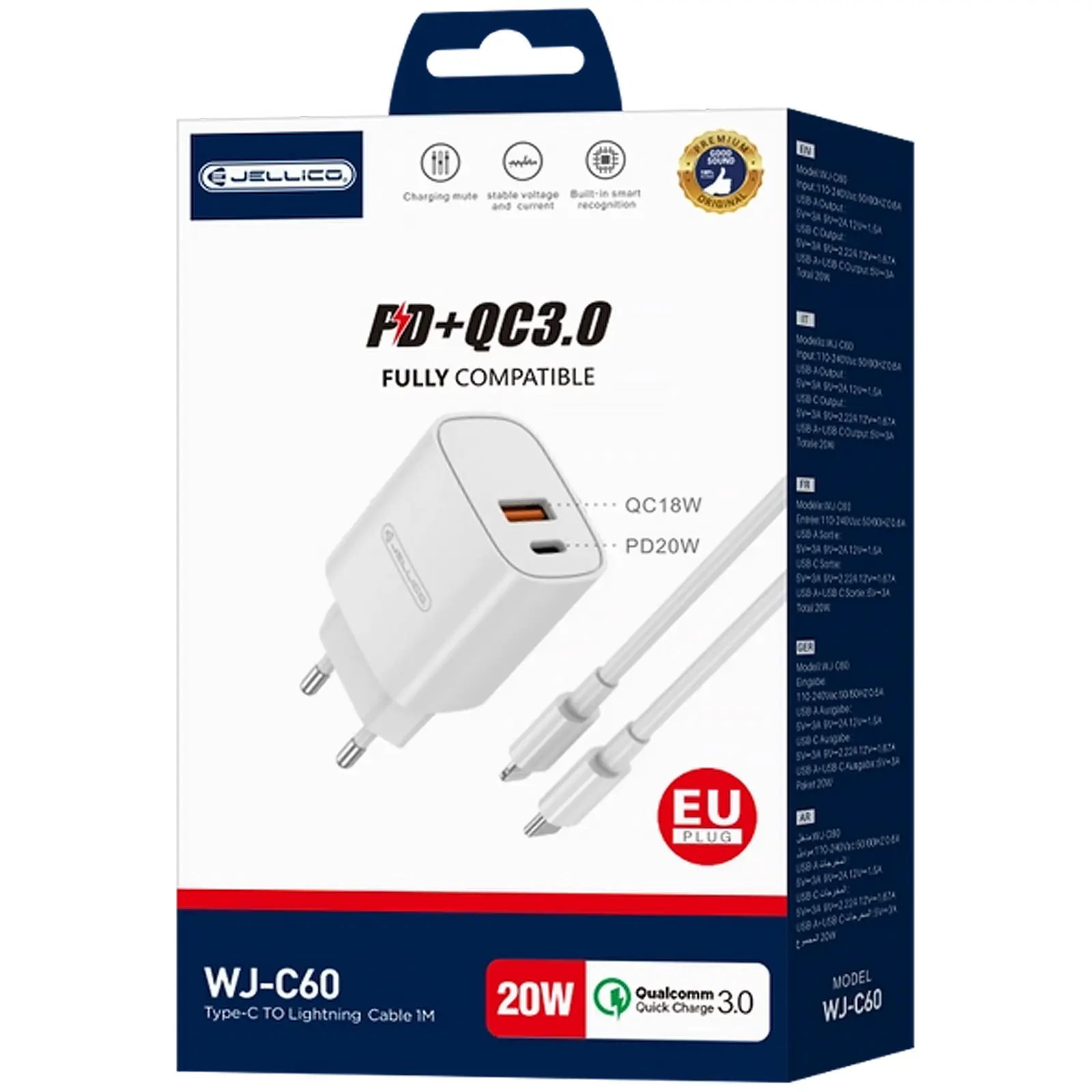 Charger Jellico WJ-C60 PD20W+QC3.0 (1USB-A/1C) + cable Type-C to Lightning, White 1