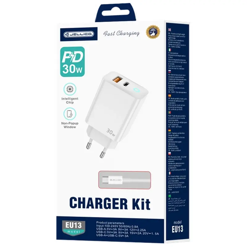 Charger Jellico EU13 GaN PD30W+QC3.0 (1USB-A/1C) + cable Type-C to Type-C, White 3