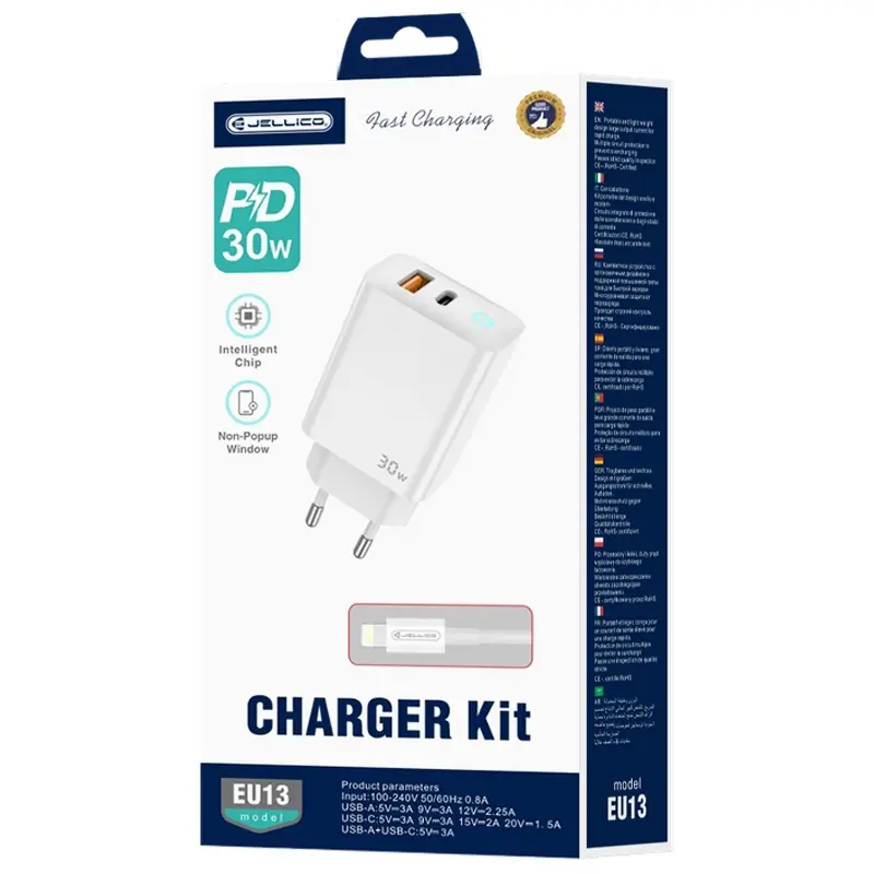 Charger Jellico EU13 GaN PD30W+QC3.0 (1USB-A/1C) + cable Type-C to Lightning, White 1