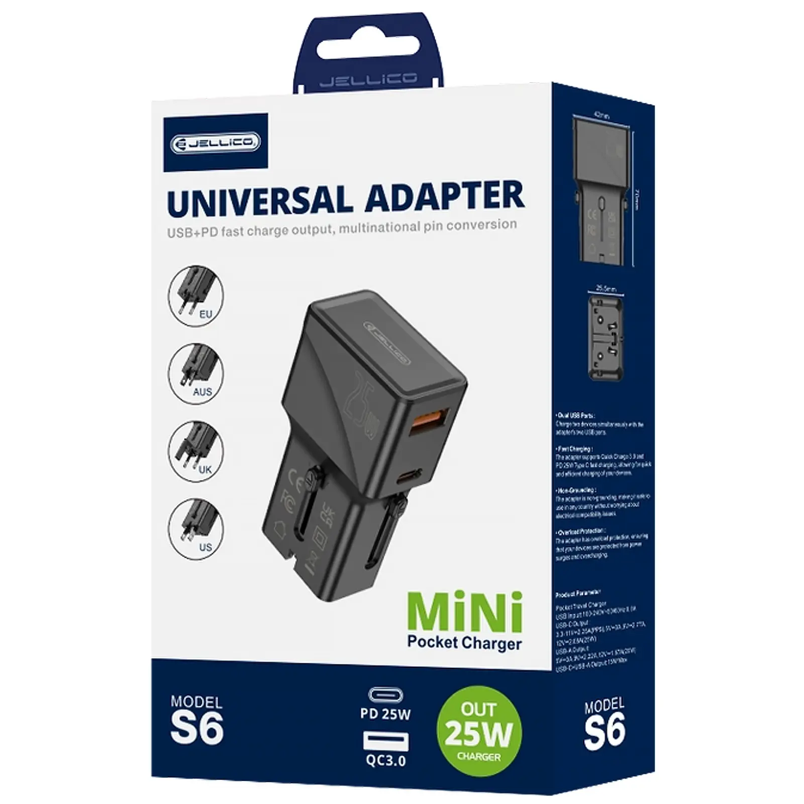 Charger Jellico S6 universal adapter PD25W+QC3.0 (1USB-A/1C), Black 1
