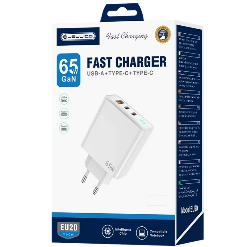 Charger Jellico EU20 GaN PD65W+QC3.0 (1USB-A/2C) + cable Type-C to Type-C, White 3