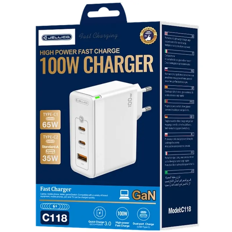 Charger Jellico C118 GaN PD100W+QC3.0 (1USB-A/2C), White 3