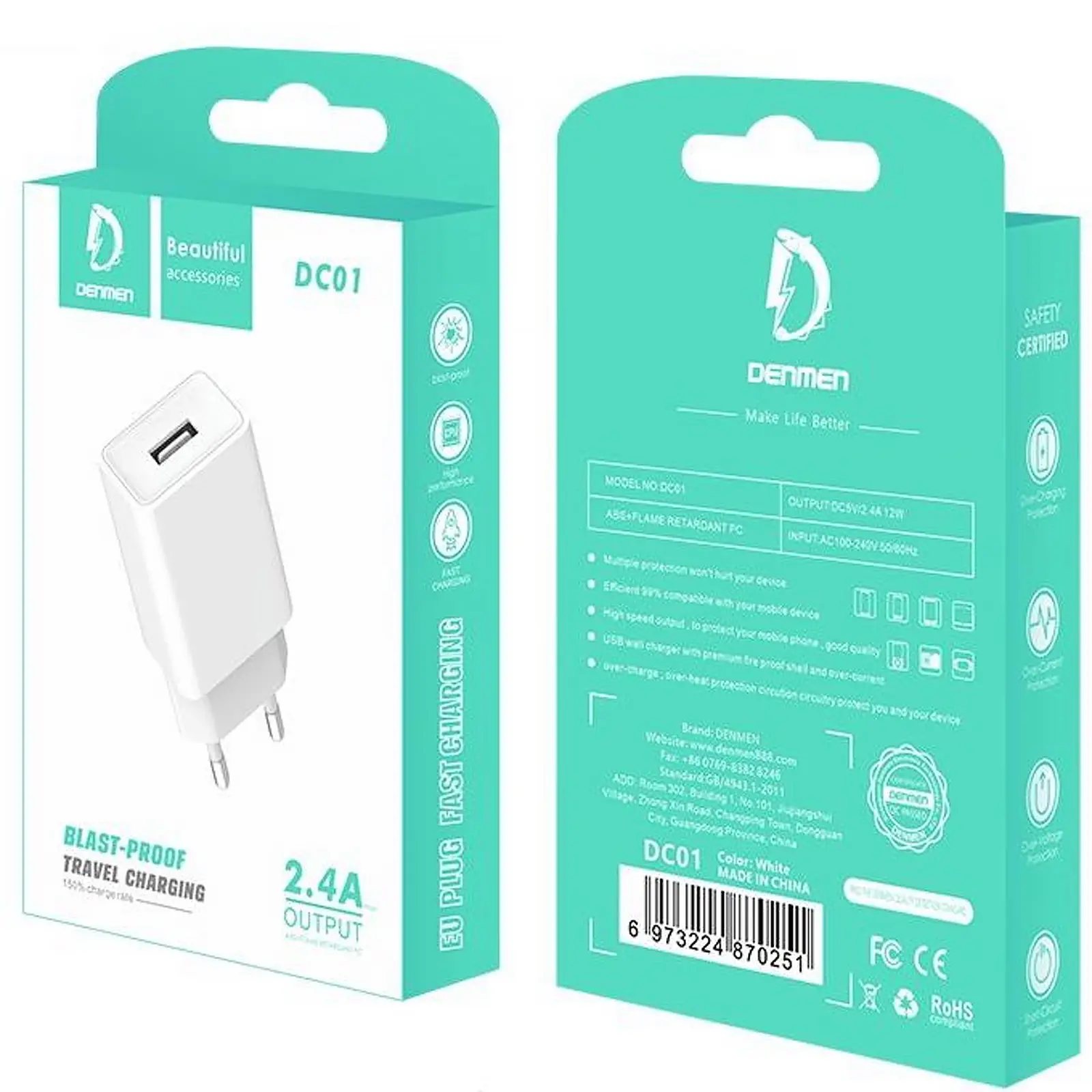 Ładowarka sieciowa Denmen DC01 12W (1USB-A), White 2