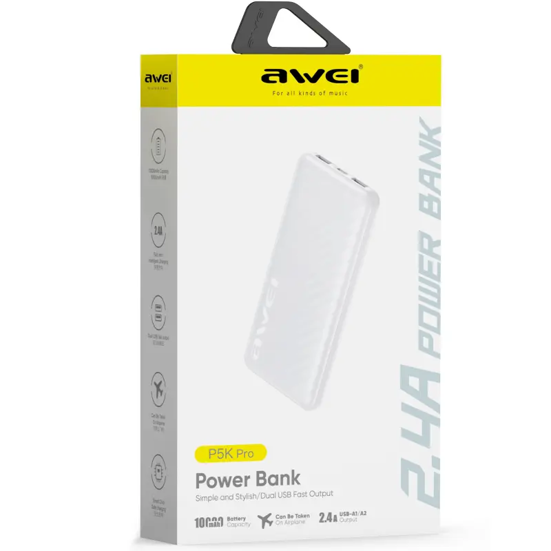 Power Bank Awei P5KPRO 2.1A 10000 mAh, White 1