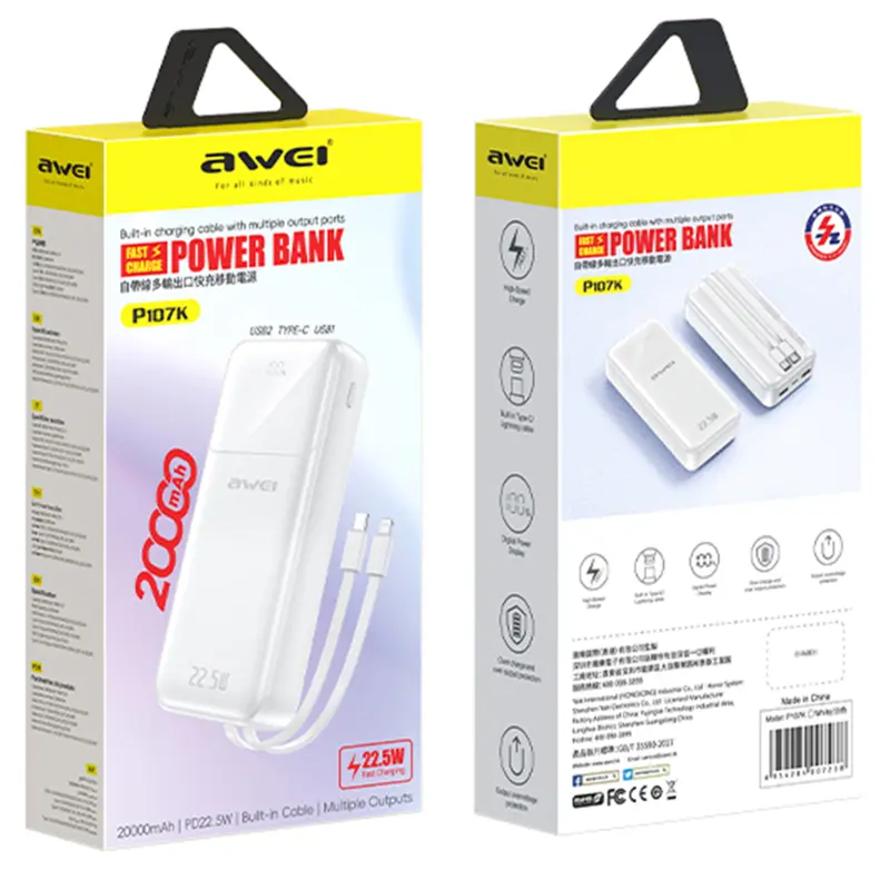 Power Bank Awei P107K 22.5W+PD20W 20000 mAh, White 2