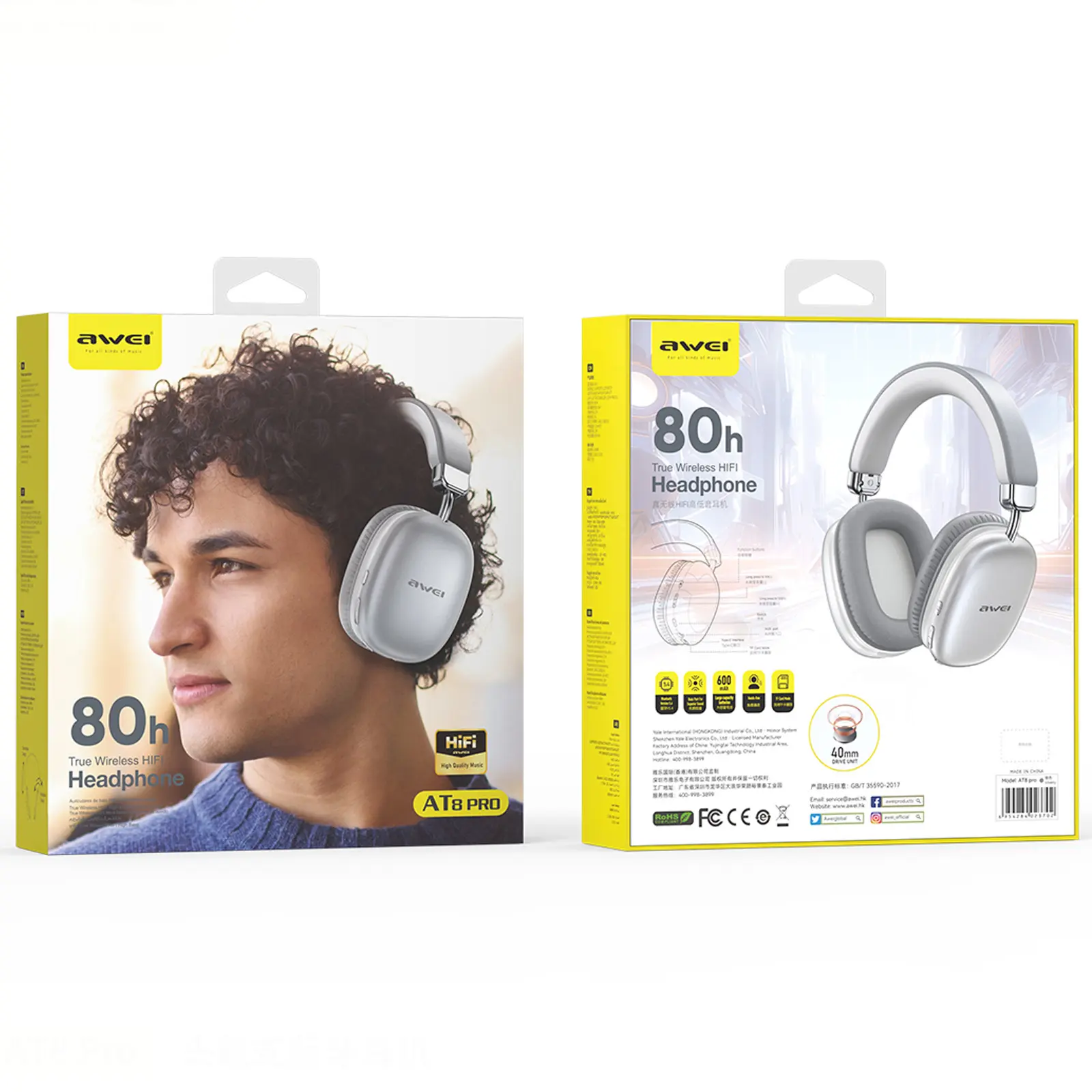 Nauszne bezprzewodowy słuchawki Awei AT8 PRO, Silver 2