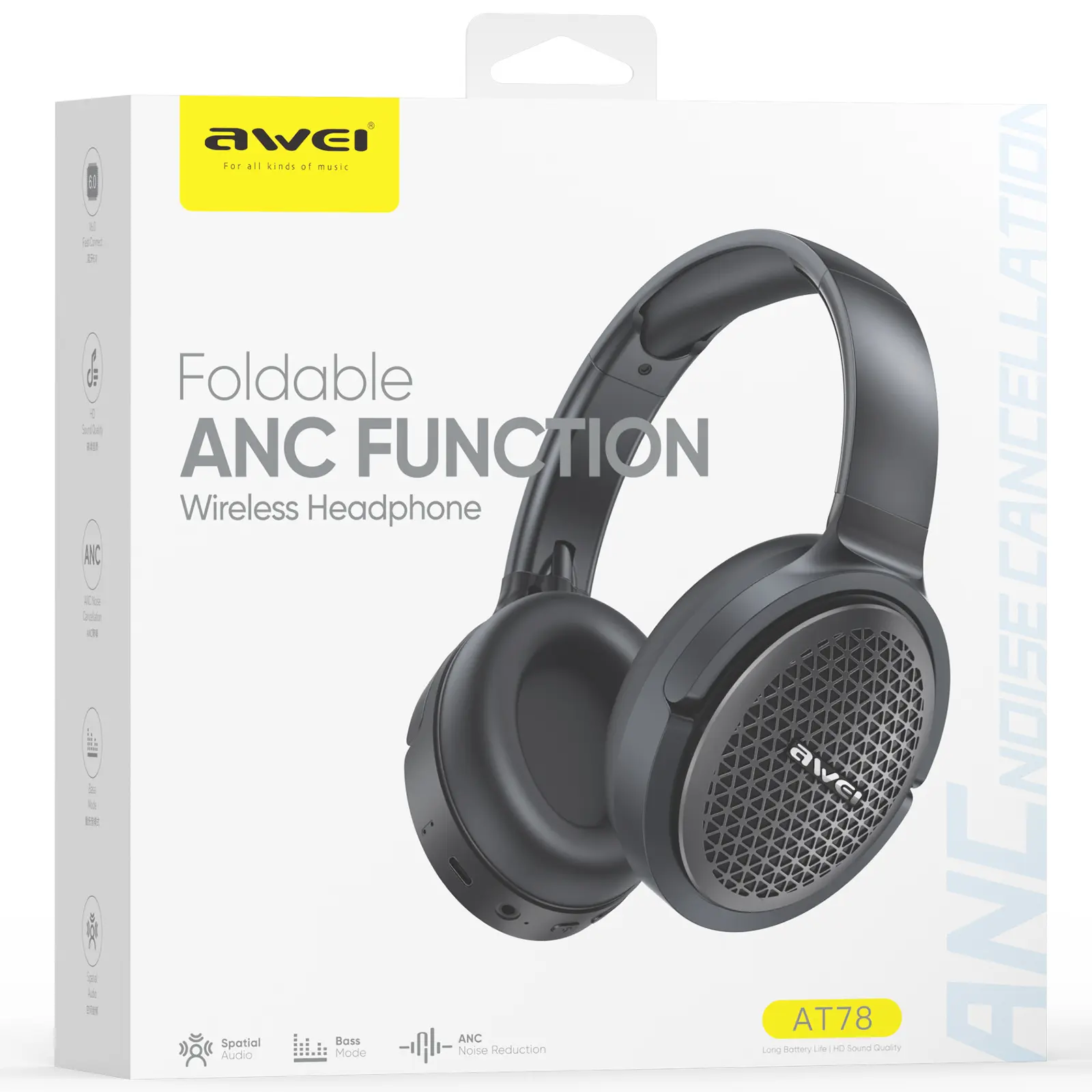 Overhead wireless headphones Awei AT78 ANC, Black 1