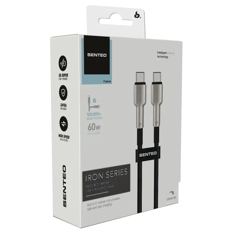 Data kabel Senteo SM-03 Iron Series braided USB-C to USB-C 60W (1m), Black 1