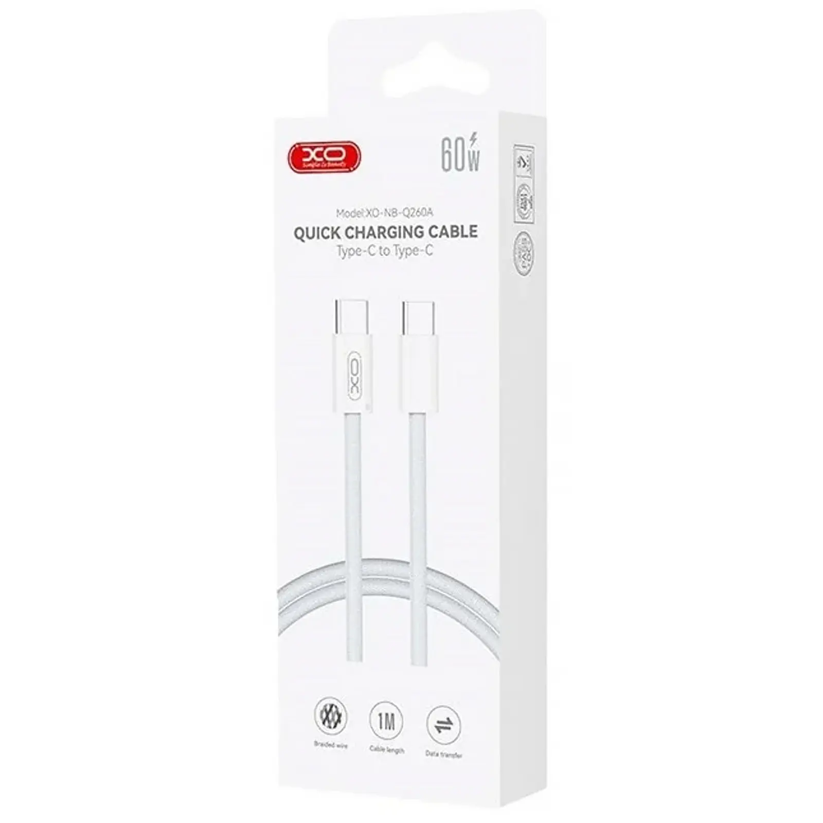 Data kabel XO NB-Q260A USB-C to USB-C 60W (1m), White 1