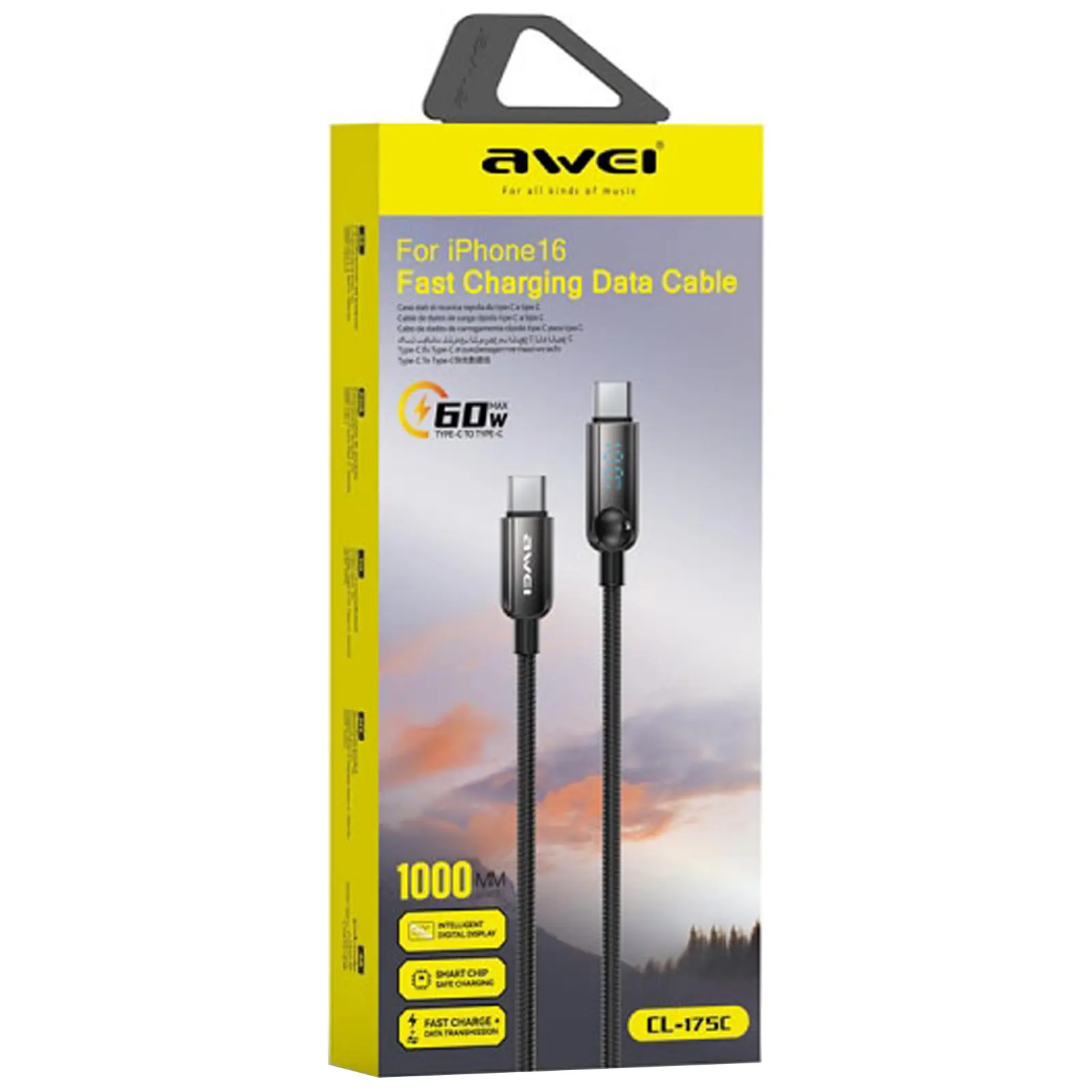 Data kabel Awei CL-175 Type-C to Type-C 60W (1m), Black 1