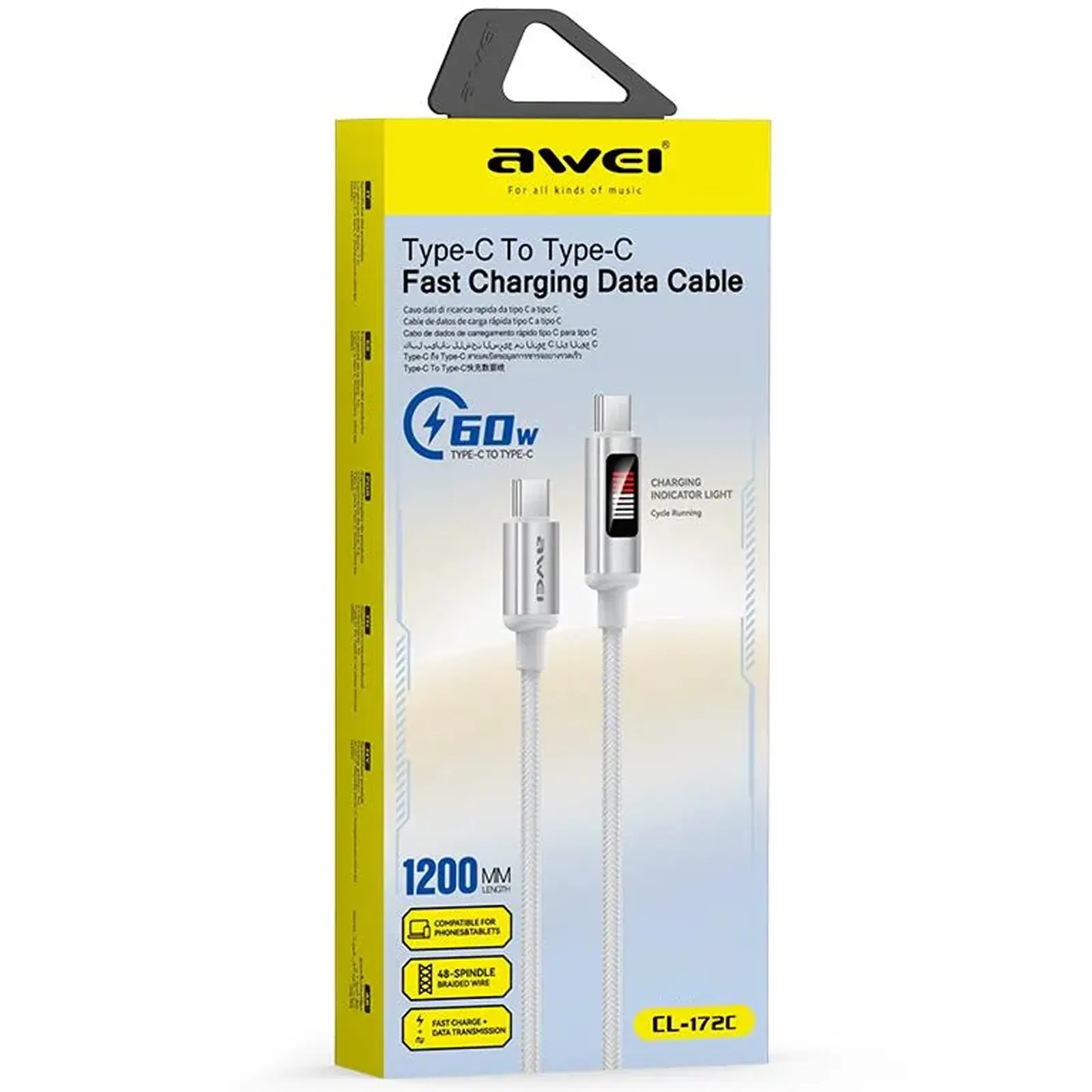 Data kabel Awei CL-172 Type-C to Type-C 60W (1m), White 1