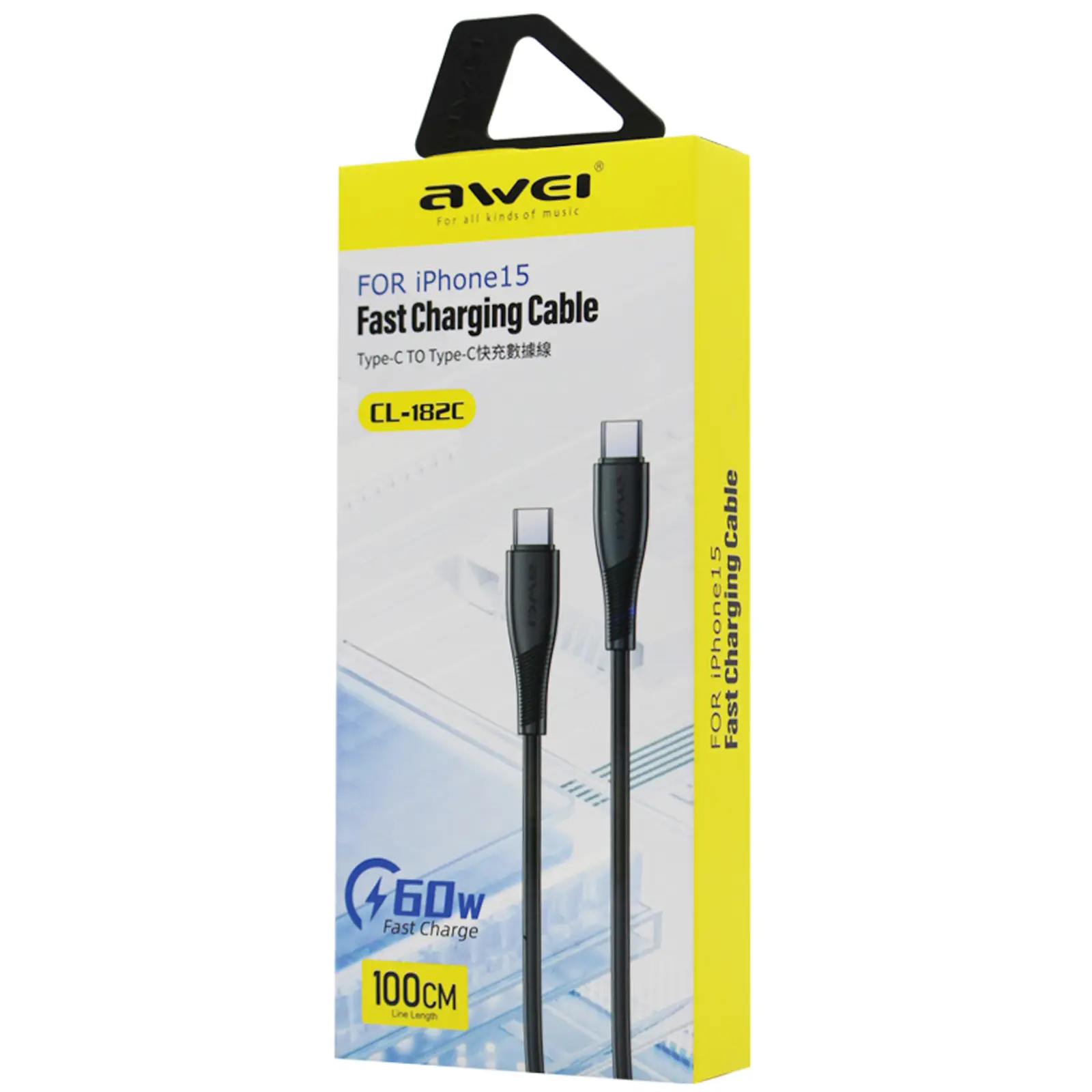 Cable Awei CL-182 Type-C to Type-C 60W (1m), Black 1