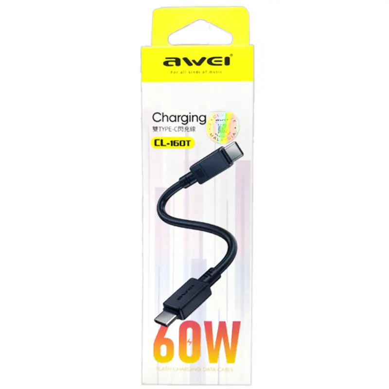 Data kabel Awei CL-160 Type-C to Type-C 60W (0.3m), Black 1