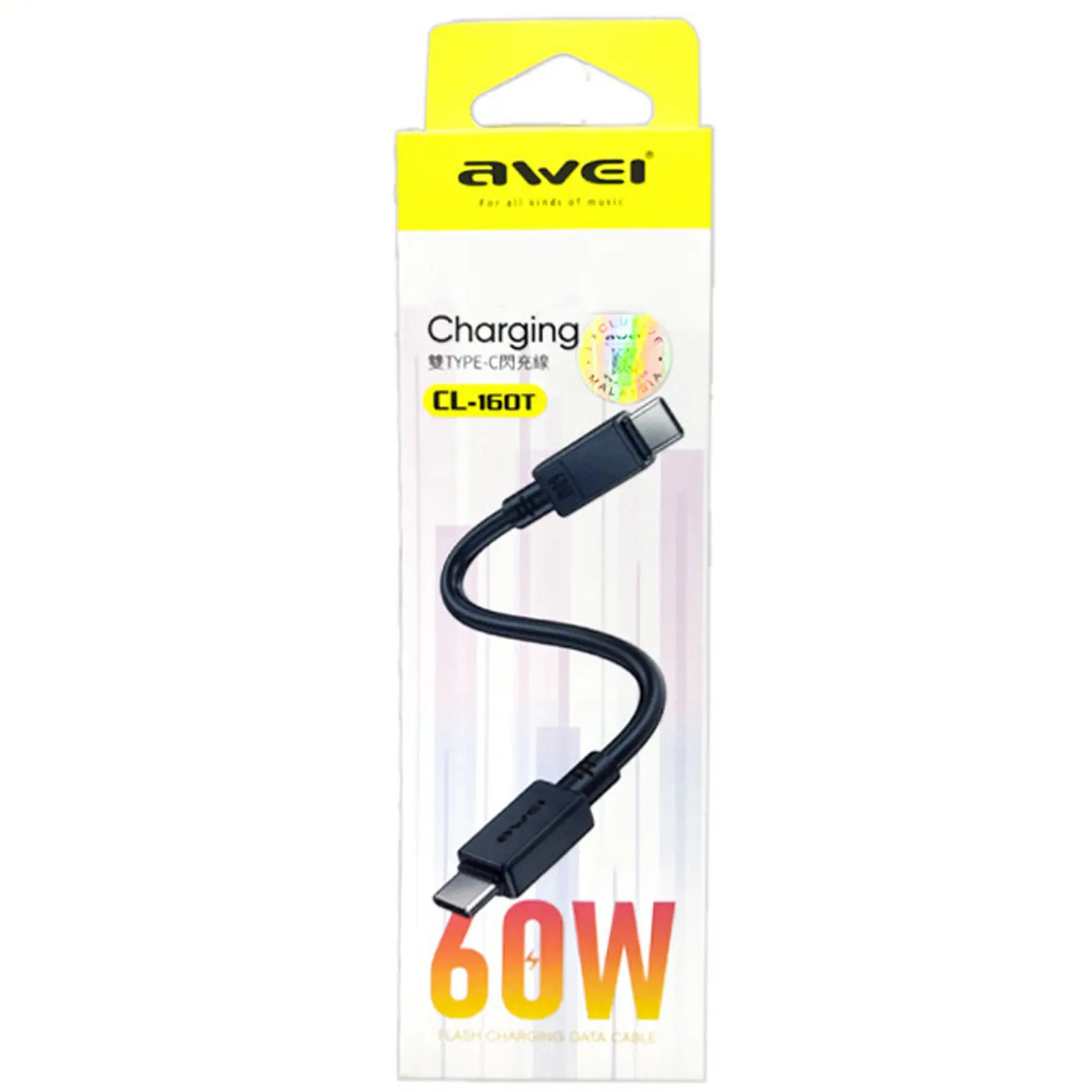 Data kabel Awei CL-160 Type-C to Type-C 60W (0.3m), Black 1