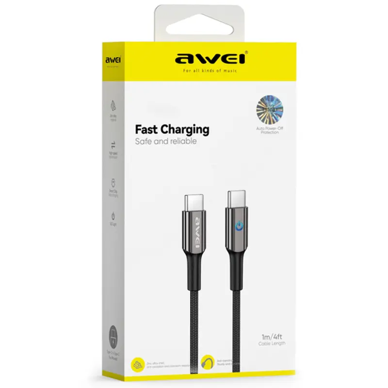 Data kabel Awei CL-9 Power-Off Type-C to Type-C 100W (1m), Black 1