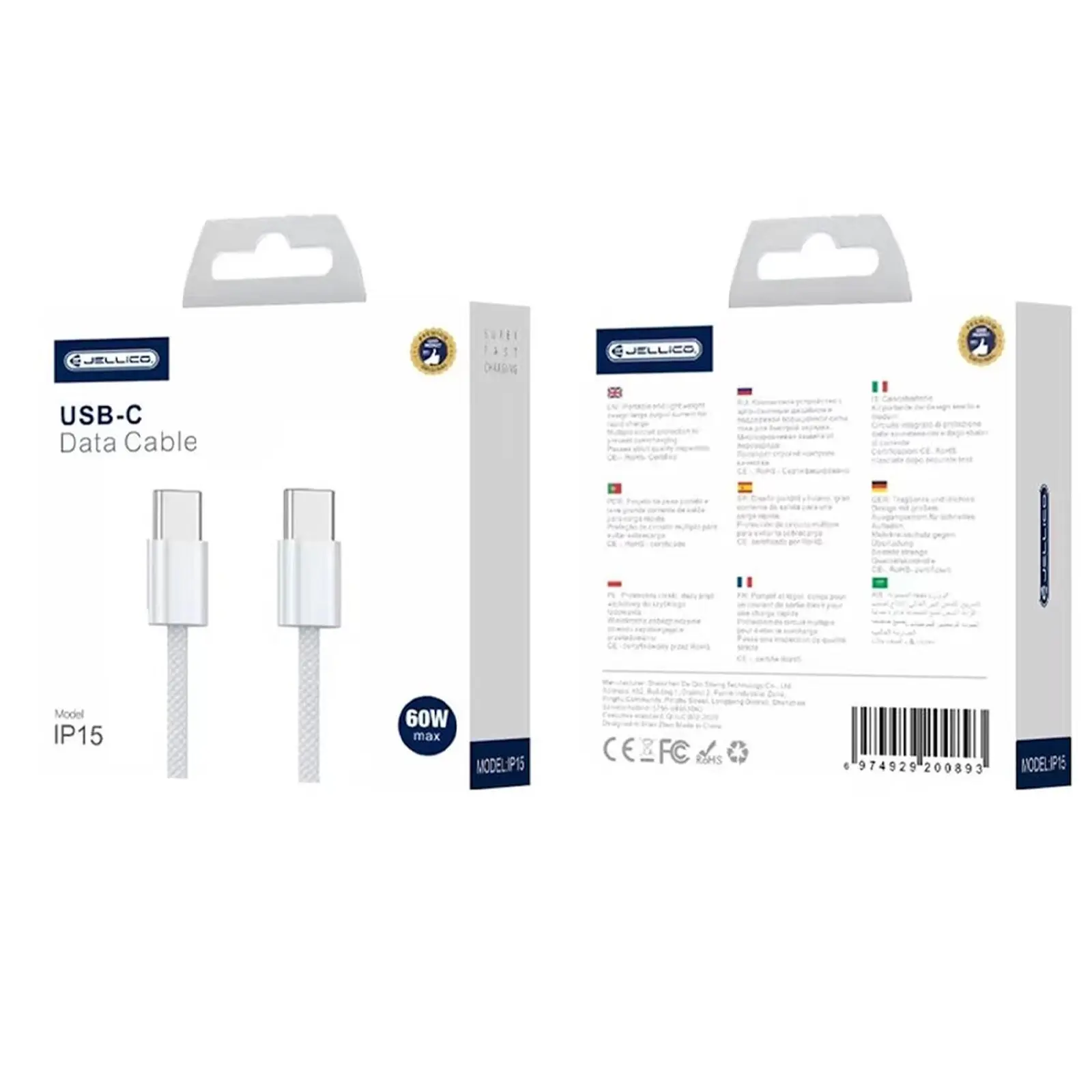 Дата кабель Jellico IP15 Type-C to Type-C PD60W (2m), White 3