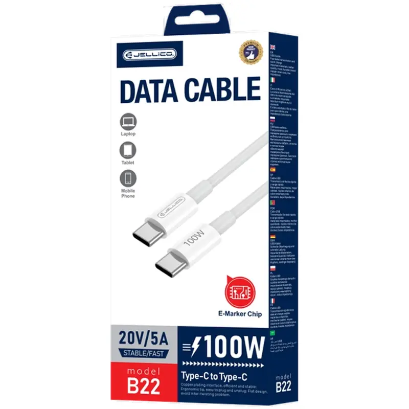 Kabel Jellico B22 Type-C to Type-C PD100W (1m), White 1