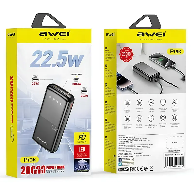 Power Bank Awei P13K 22.5W+PD20W 20000 mAh, Black 3