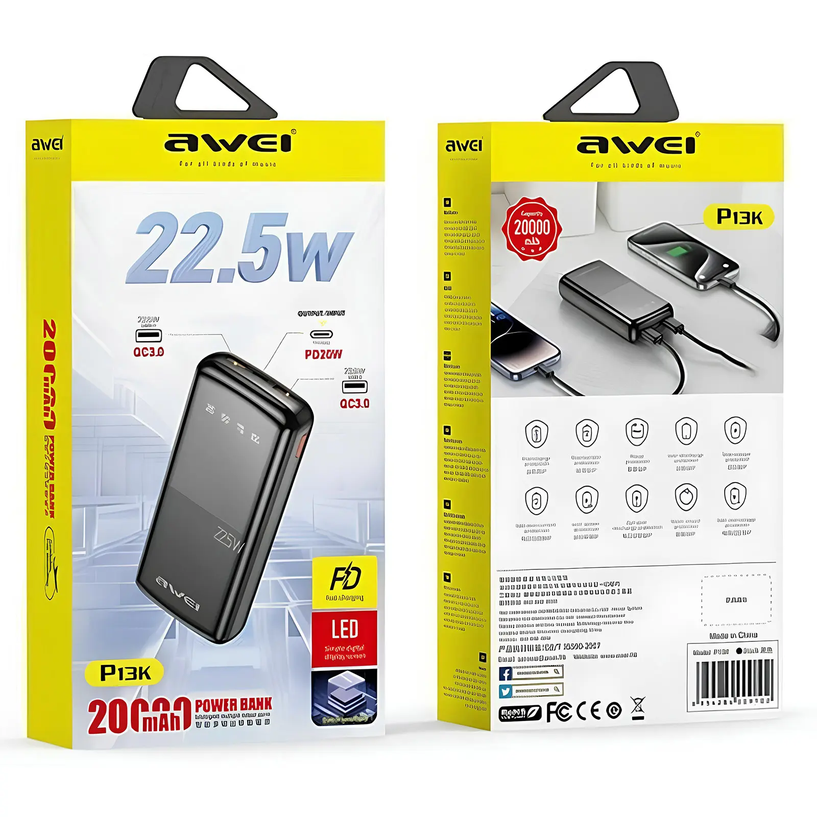 Power Bank Awei P13K 22.5W+PD20W 20000 mAh, Black 3