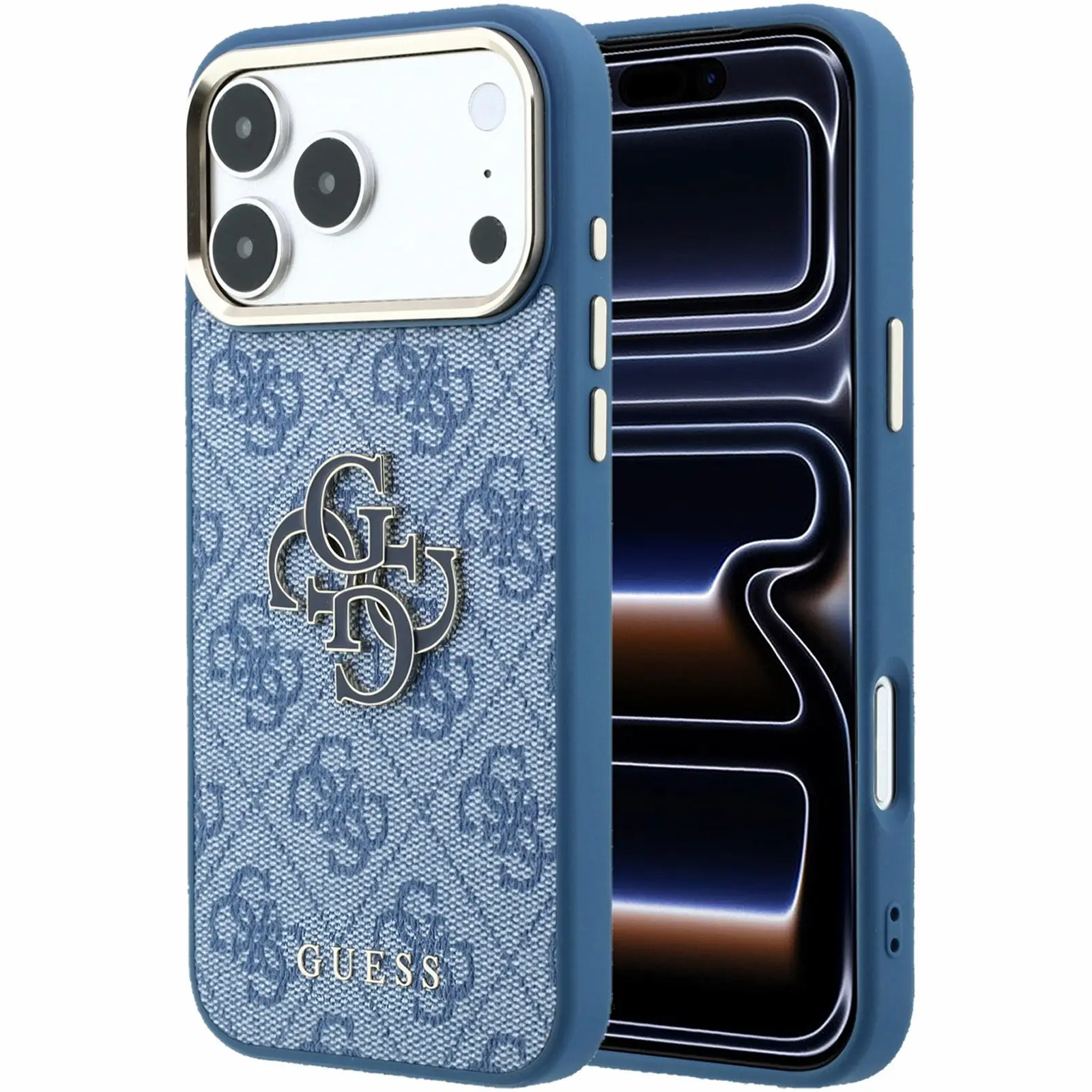 Case Guess 4G & Big Resin Logo for Apple iPhone 17 Pro / 18 Pro, Blue, Faux leather