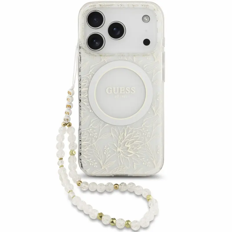 Etui Guess IML Flowers Allover Strap MagSafe do Apple iPhone 17 Pro / 18 Pro, TPU+PC