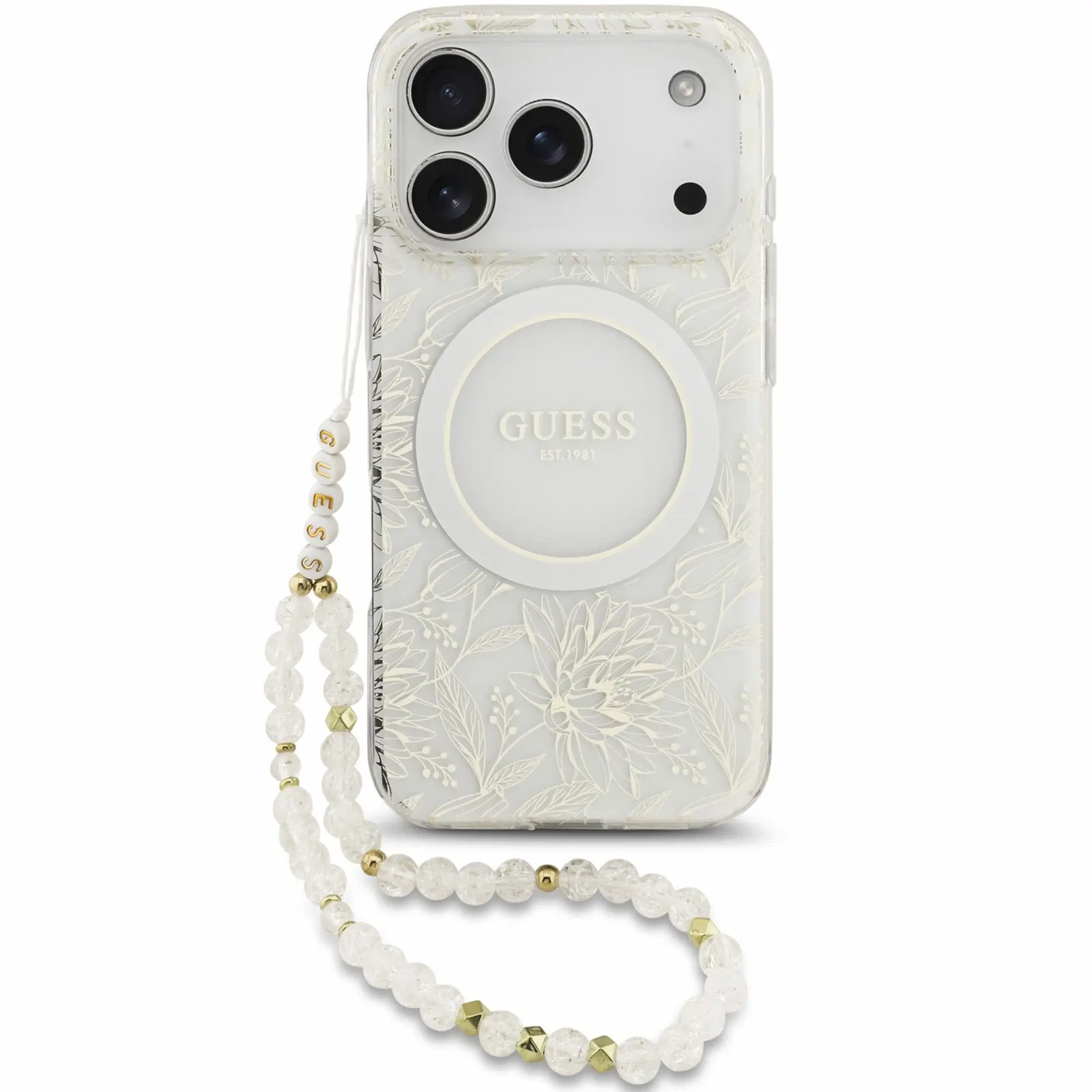 Etui Guess IML Flowers Allover Strap MagSafe do Apple iPhone 17 Pro / 18 Pro, White, TPU+PC