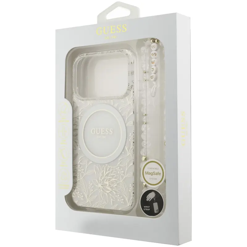 Etui Guess IML Flowers Allover Strap MagSafe do Apple iPhone 17 Pro / 18 Pro, White 5, TPU+PC