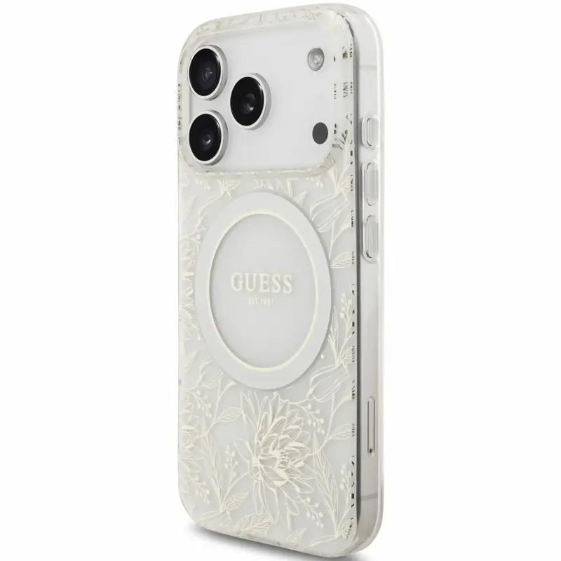 Etui Guess IML Flowers Allover Strap MagSafe do Apple iPhone 17 Pro Max / 18 Pro Max, White 2, TPU+PC