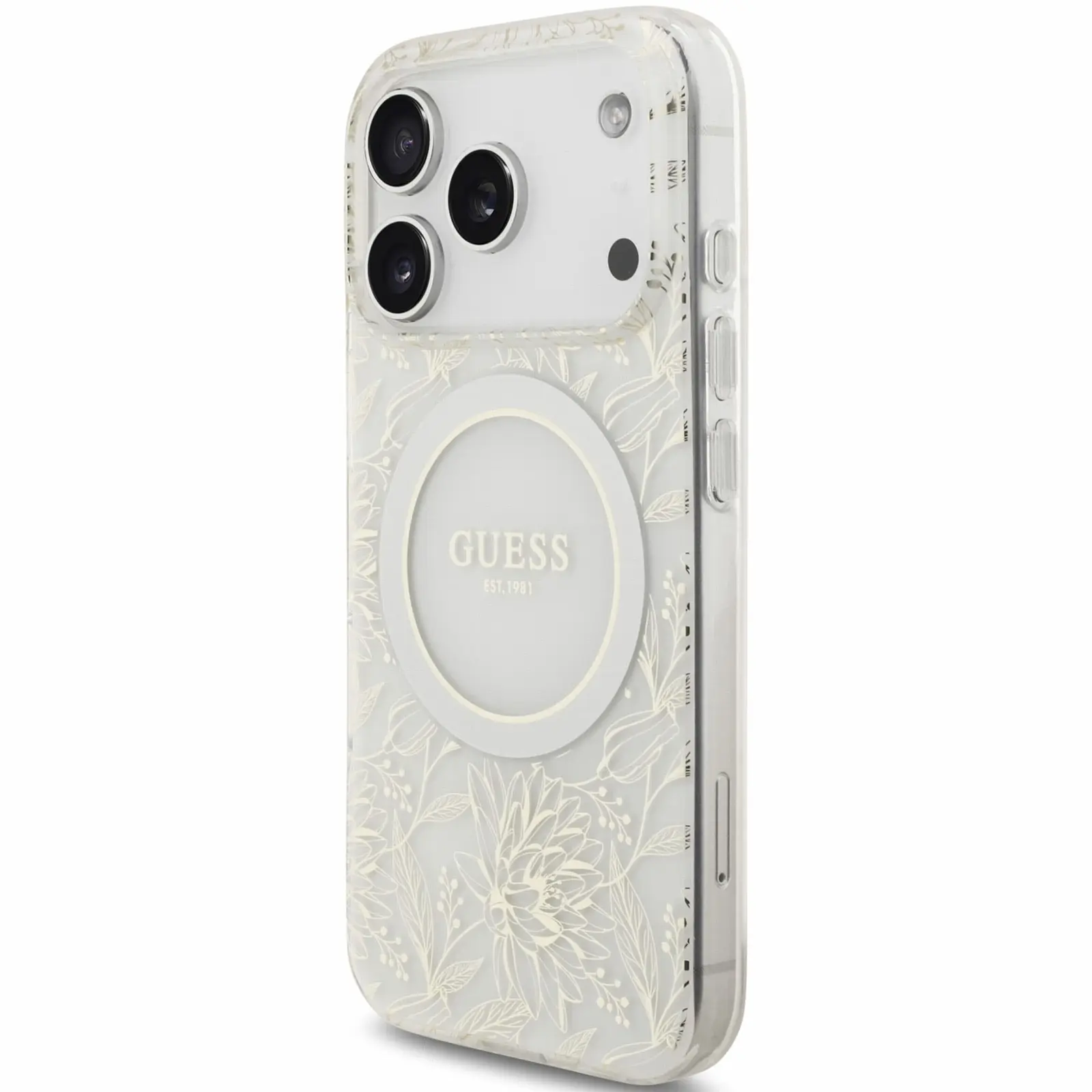 Etui Guess IML Flowers Allover Strap MagSafe do Apple iPhone 17 Pro Max / 18 Pro Max, White 2, TPU+PC