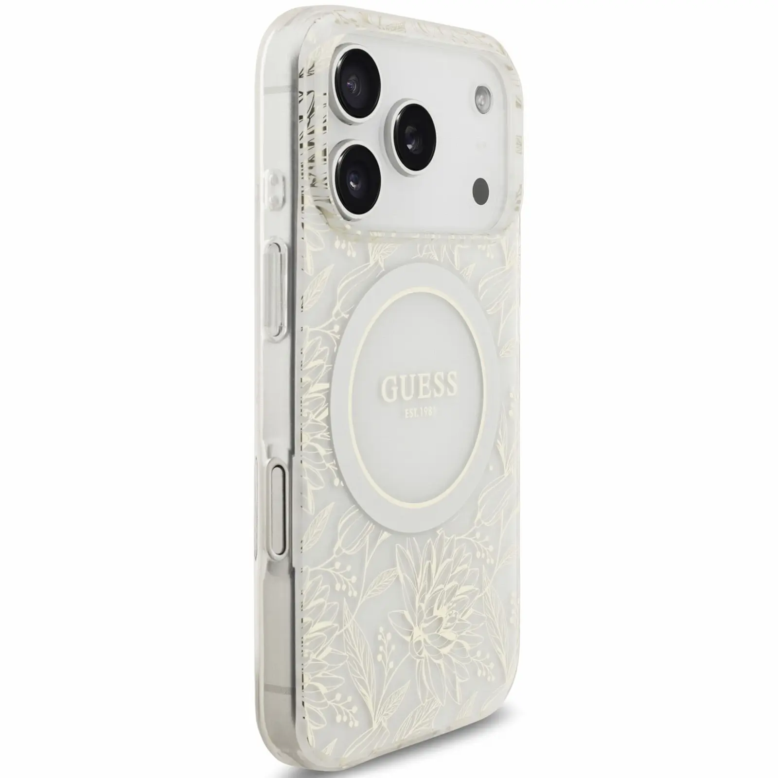 Etui Guess IML Flowers Allover Strap MagSafe do Apple iPhone 17 Pro Max / 18 Pro Max, White 3, TPU+PC