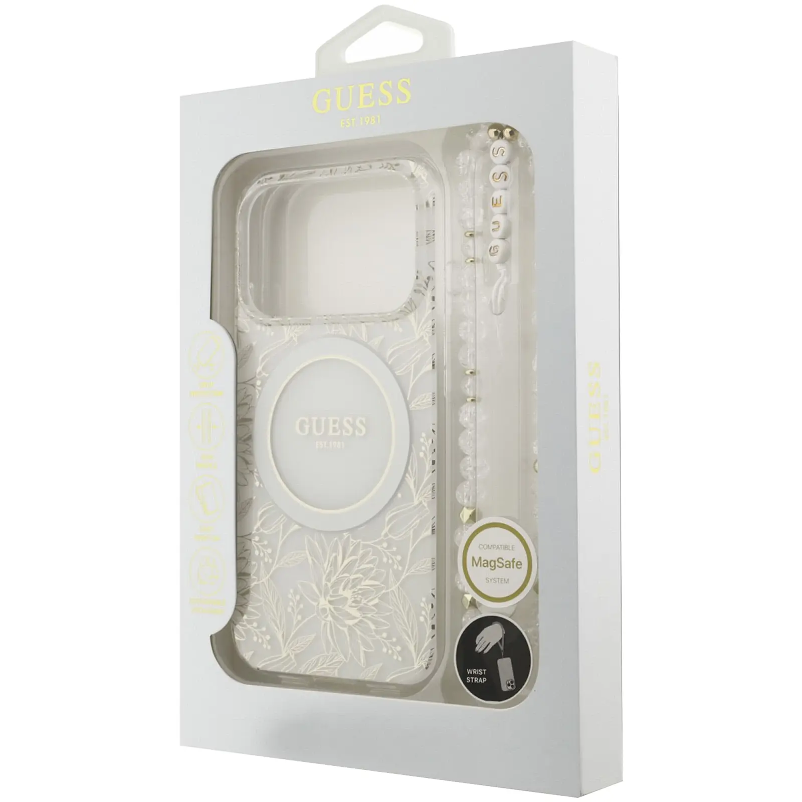 Etui Guess IML Flowers Allover Strap MagSafe do Apple iPhone 17 Pro Max / 18 Pro Max, White 5, TPU+PC
